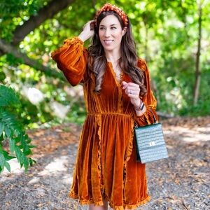 Ulla Johnson Elegant Velvet Ruffle Dress in Rich Golden Brown